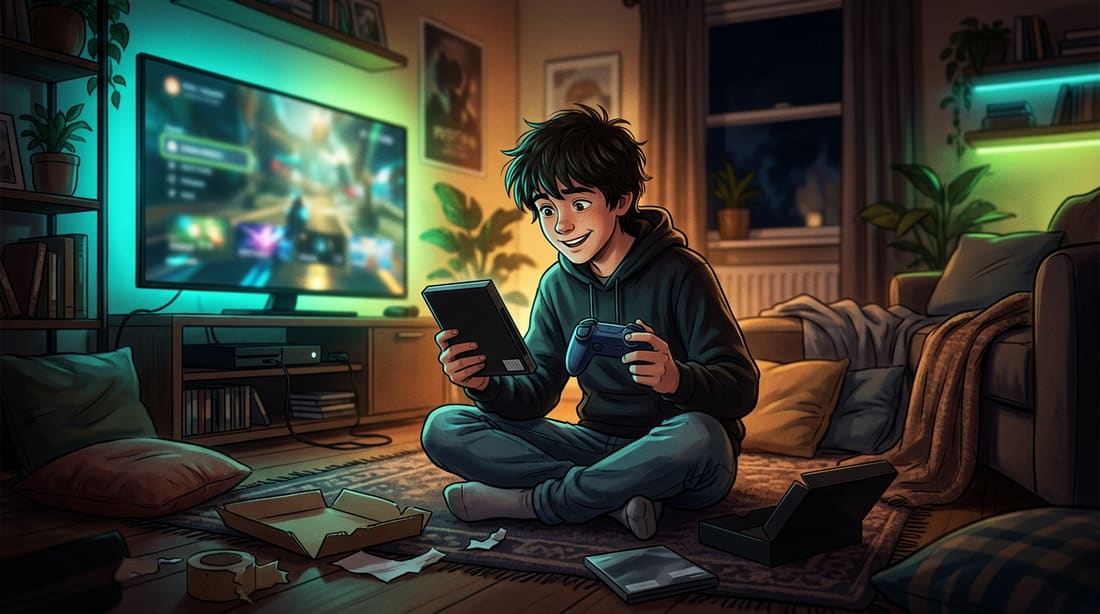 Illustration d’un adolescent assis dans un salon, avec un nouveau jeu et une manette