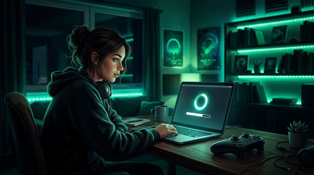 Illustration d’une jeune femme regardant un jeu se télécharger sur son ordinateur, la nuit