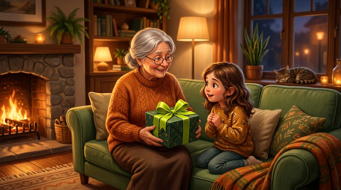Illustration d’une grand-mère offrant un cadeau emballé à un enfant sur un canapé